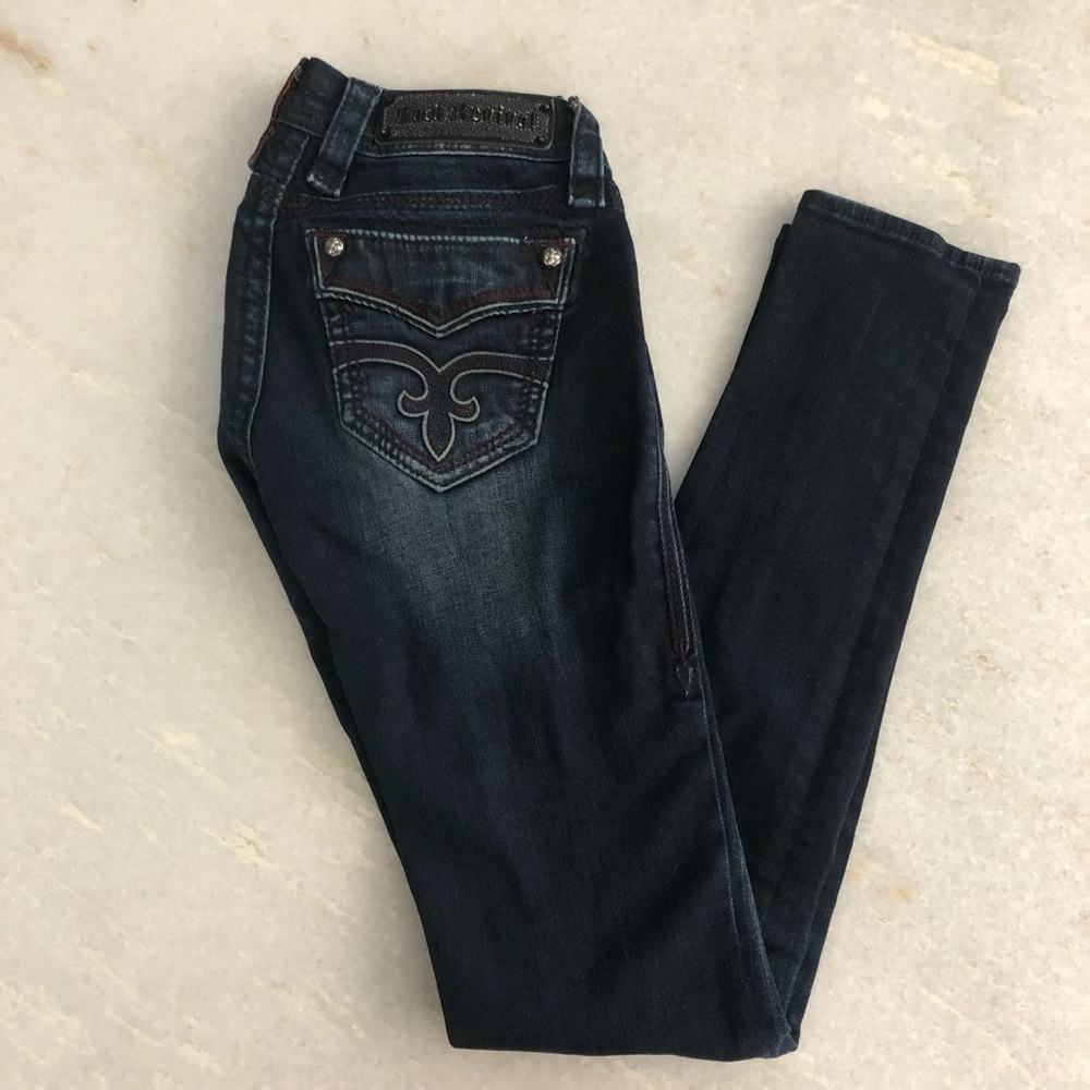 Rock Revival Skinny Jeans. Blue w Red stitching